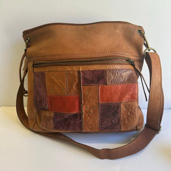 Fossil Leather Patchwork Crossbody Bag Brown Boho Purse - Picture 1 of 6